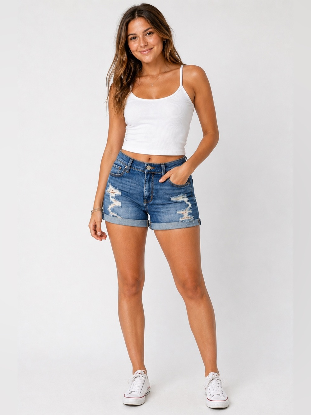 Mudd Mid Rise Distressed Denim Shorts Cuffed Hem Stretch Size 17